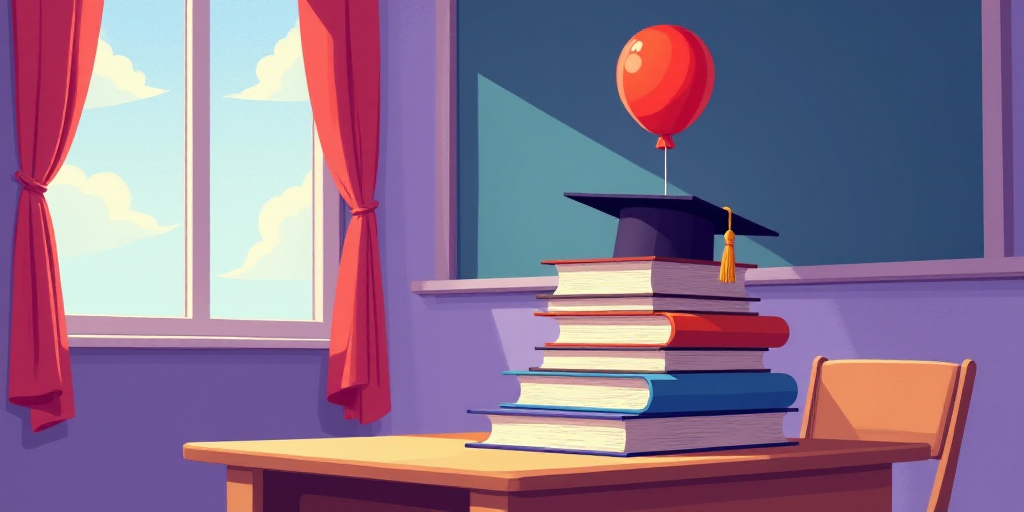 a person in a classroom with a stack of books and a balloon on top of them with a graduation cap on