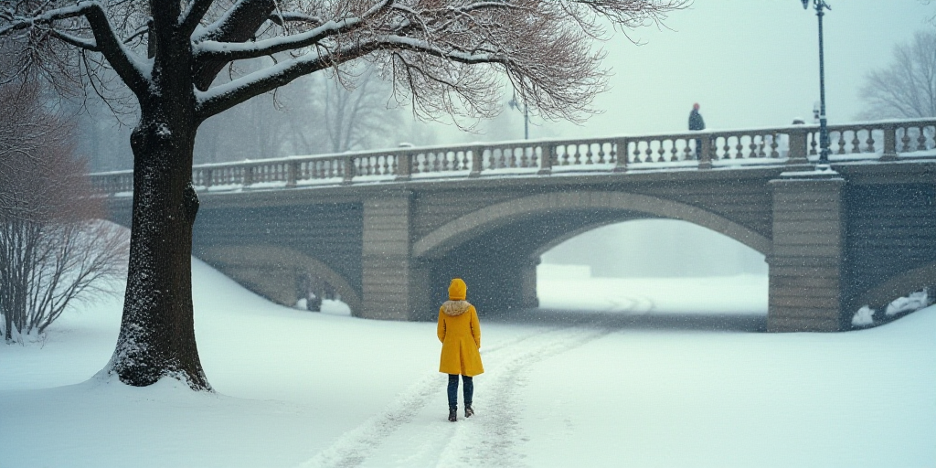 a person in a yellow coat is walking in the snow under a bridge and a tree with snow falling on it,