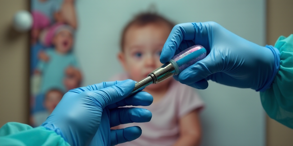a person in blue gloves holding a sys in front of a picture of a baby and a group of people, David L