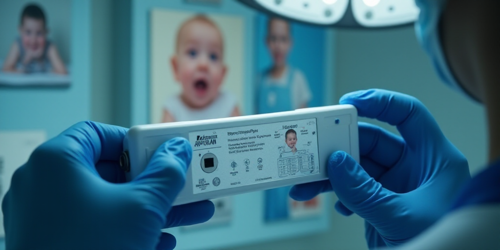 a person in blue gloves holding a sys in front of a picture of a baby and a group of people, Dahlov