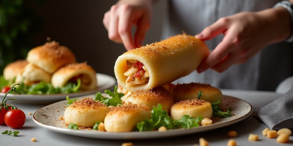 a person is putting a roll of food in a container on a table with a plate of food on it, Bouchta El