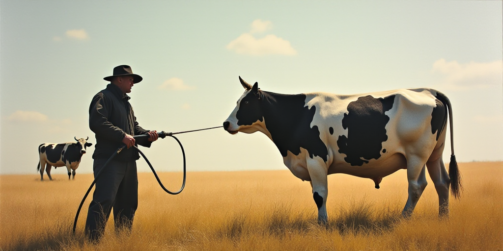a person is spraying a cow with a hose in a field with a cow in the background and a cow in the fore