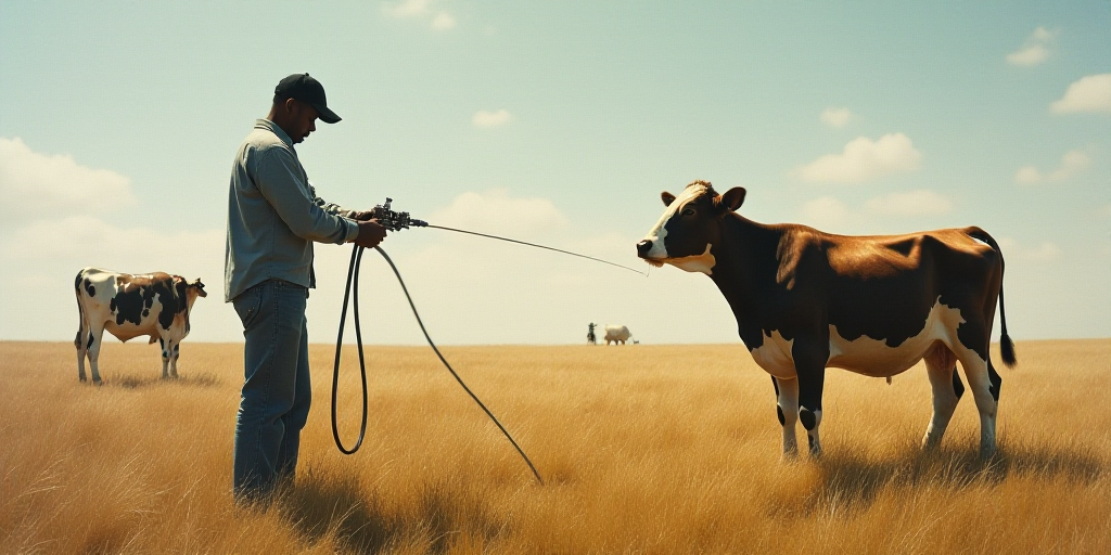 a person is spraying a cow with a hose in a field with a cow in the background and a cow in the fore