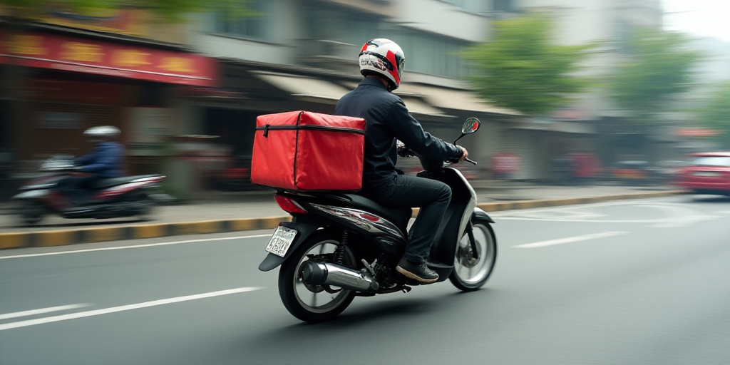 a person riding a motorcycle down a street with a delivery bag on the back of it's back, Ding Guanpe