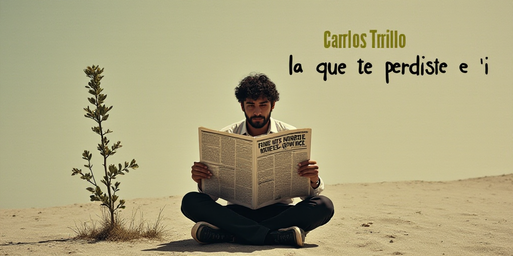 a person sitting on the ground reading a newspaper with a plant in the middle of the image and the w