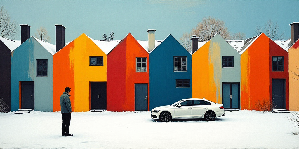 a person standing in front of a row of colorful houses in the snow with a car parked in front of the