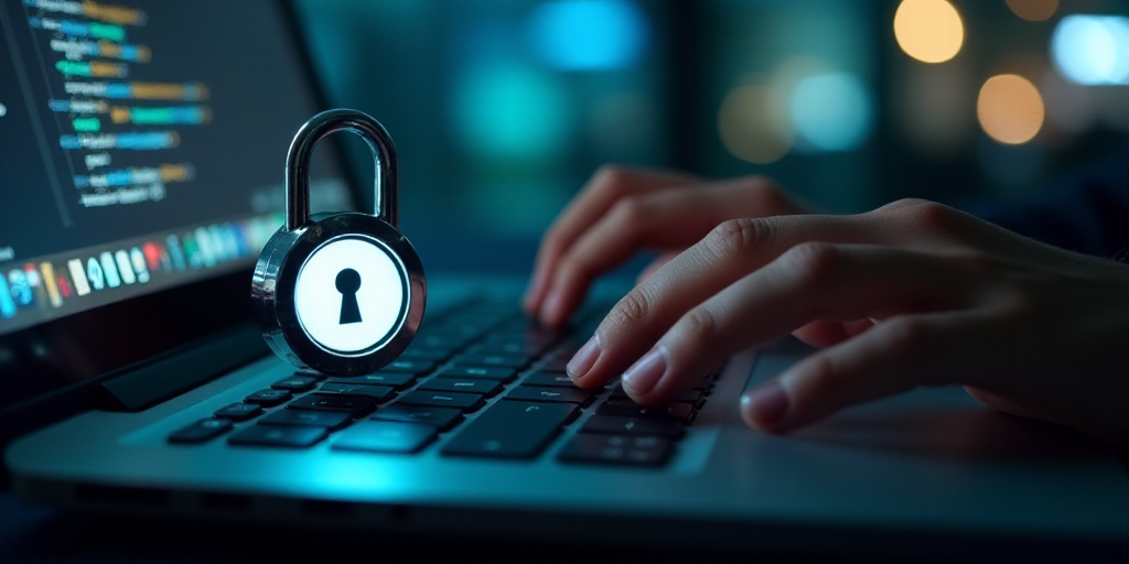 a person typing on a laptop with a padlock on it's keyboard and a hand touching the keyboard, Andrie