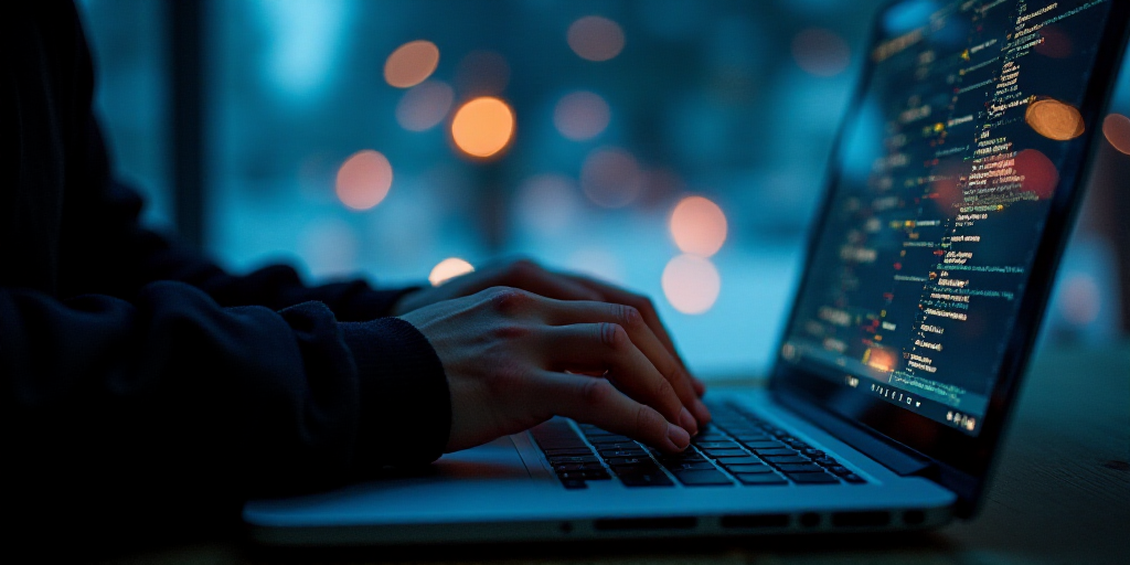 a person typing on a laptop with a blurry background of lights and snowflakes on the screen, Andries