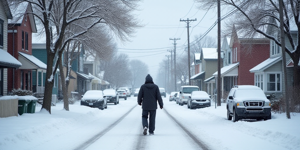 a person walking down a snow covered street in a neighborhood with parked cars and a few buildings o