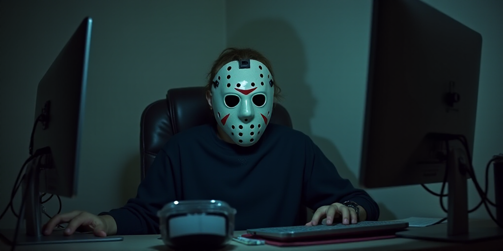 a person wearing a ghost mask sitting at a desk with a laptop computer in front of them and a monito