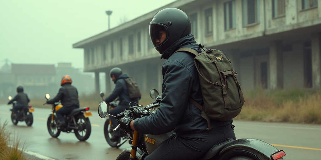 a person wearing a helmet and carrying a bag on a motorcycle with other bikes behind them and a buil