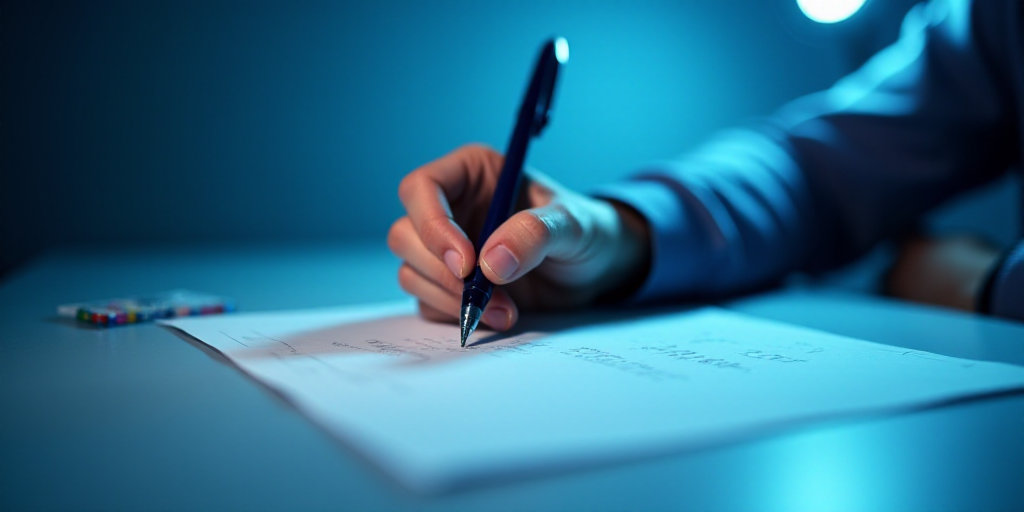 a person writing on a piece of paper with a pen in it and a blue background with a line of light, Ed