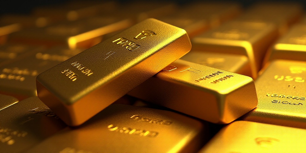 a pile of gold bars sitting next to each other on a table with other gold bars in the background, En