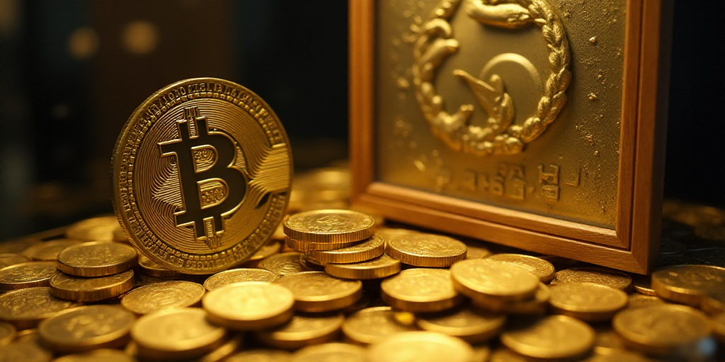a pile of gold coins and a gold medal on display in a store window display case with a gold medal, E