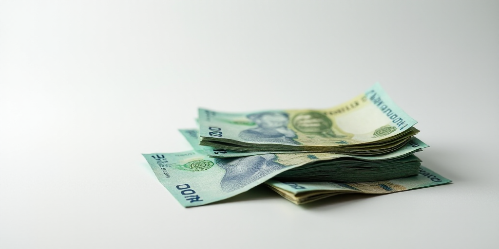 a pile of mexican currency sitting on top of each other on a table top with a white background and a