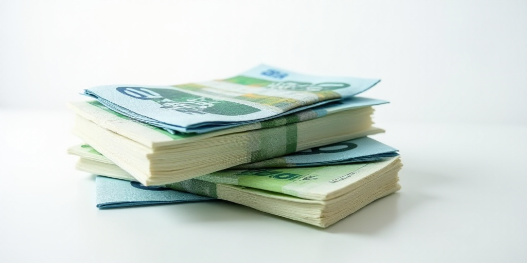 a pile of mexican currency sitting on top of each other on a table top with a white background and a