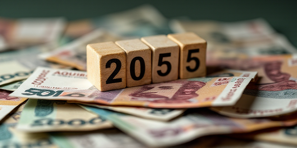 a pile of mexican currency with a wooden block that reads 2055 and a stack of twenty thousand peso,