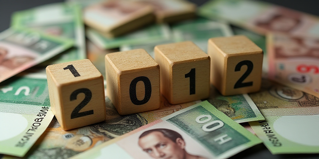 a pile of mexican currency with a wooden block spelling the numbers 2012 and a wooden block with a p