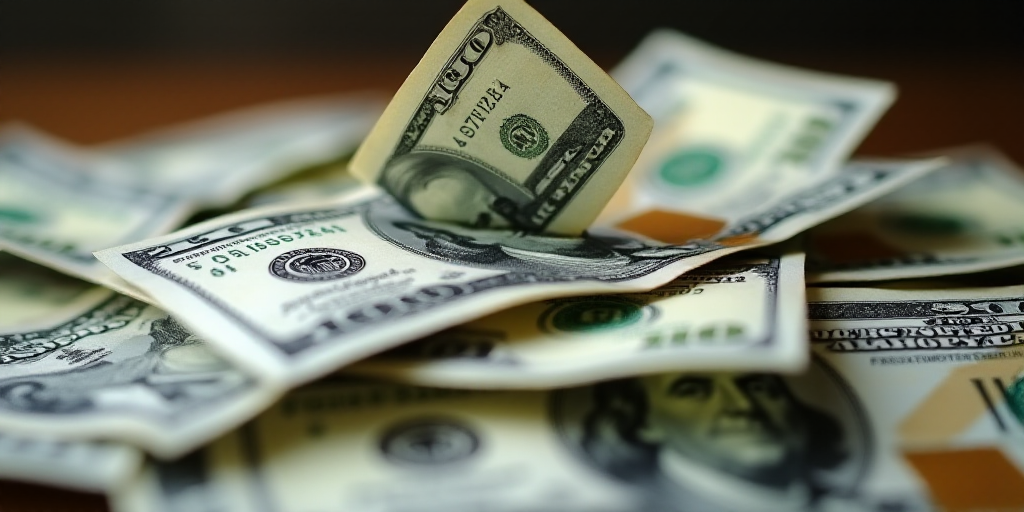 a pile of money with a one dollar bill sticking out of it's center and a one dollar bill sticking ou