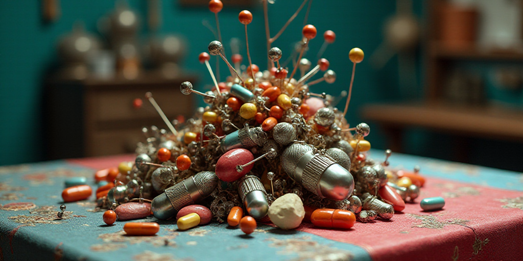 a pile of pills and contraptions sitting on top of each other on a table top with a red and blue tab