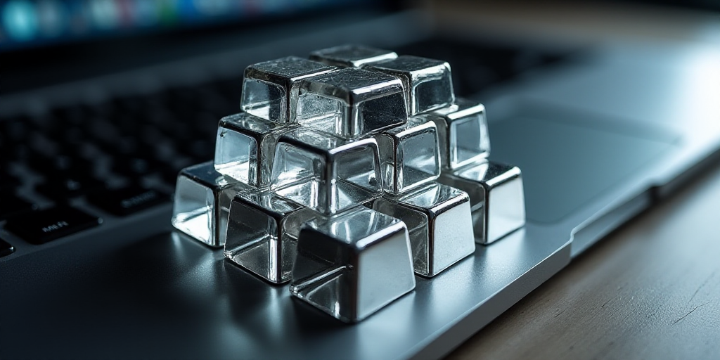 a pile of silver bars sitting on top of a keyboard with a bunch of other silver bars on top of it, A