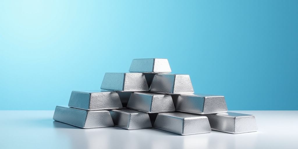 a pile of silver bars sitting on top of each other on a table top with a blue background and a white