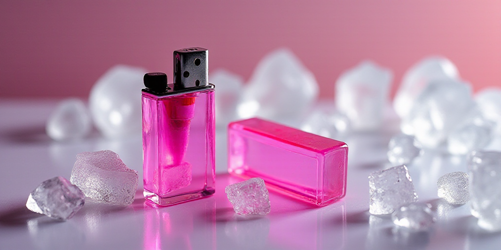 a pink lighter and a pink lighter on a table with ice and a pink lighter on it's side, Évariste Vit