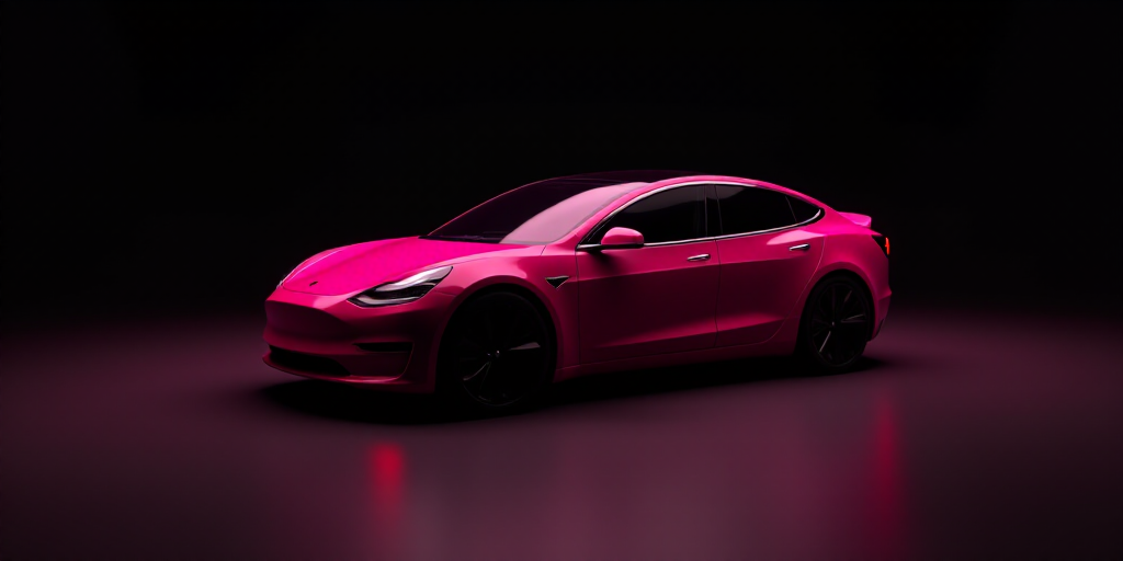 a pink tesla logo on a black background with a pink glow on it's side and a red tesla logo on the si