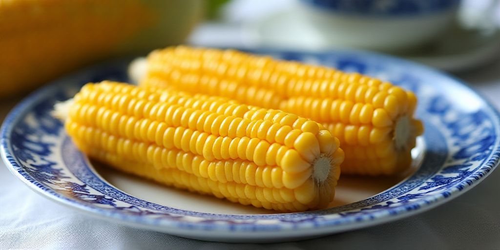a plate of corn on the cob on a table with a blue and white plate with a blue and white design, Cefe