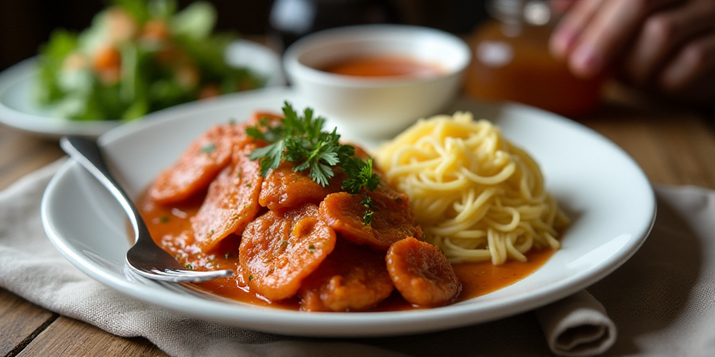 a plate of food with a fork and a bowl of sauce in the background on a table with a napkin, Ceferí