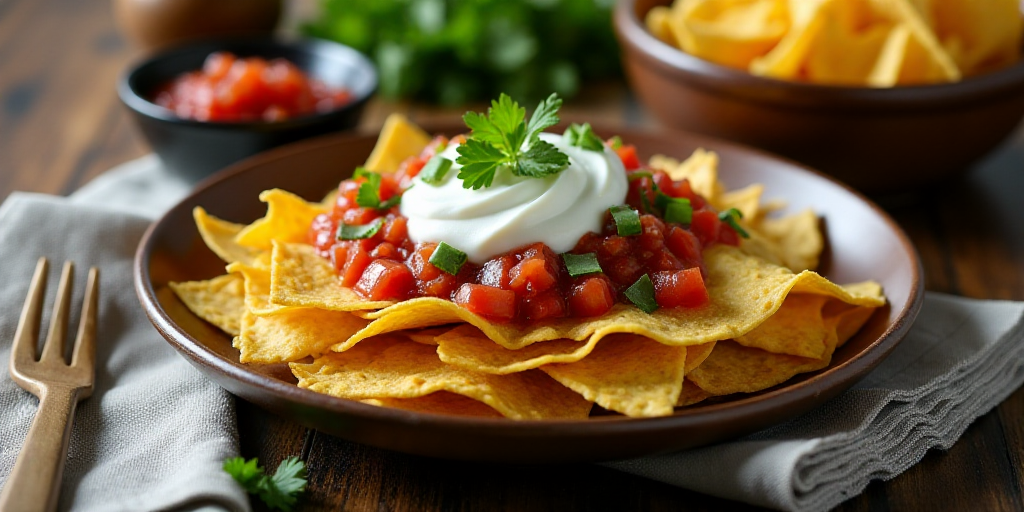 a plate of nachos with salsa and sour cream sauce on a table with other ingredients and a napkin, Al