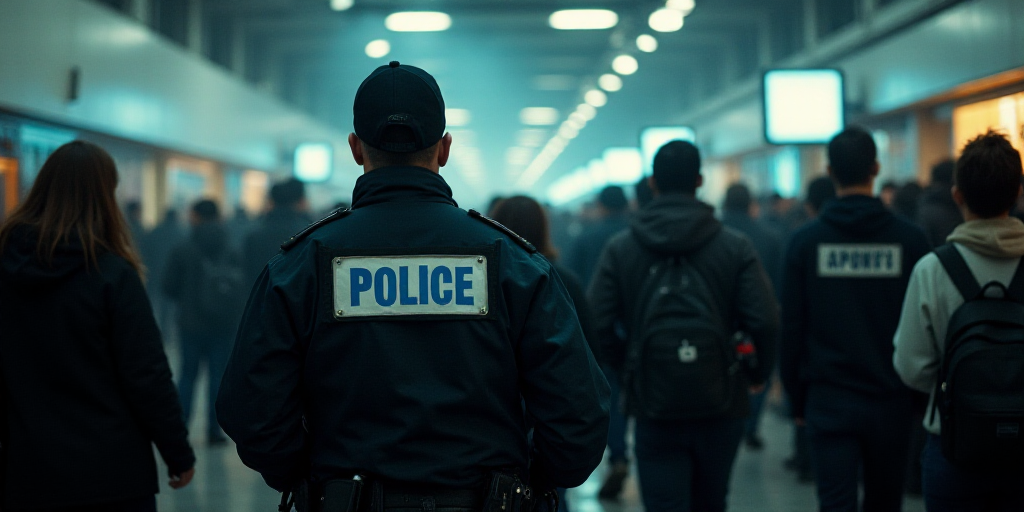 a police officer is walking through a crowd of people in a building with a sign on it that says poli