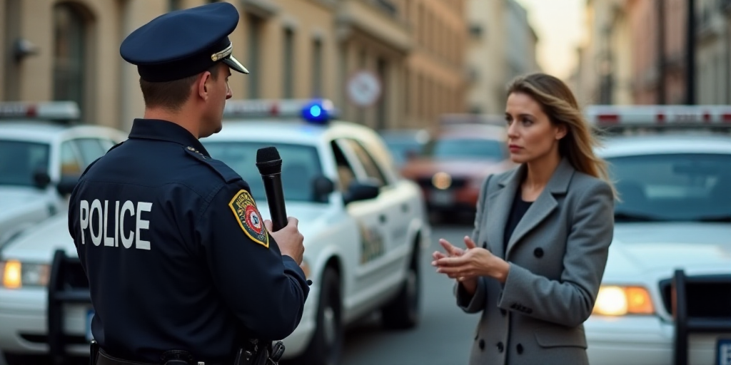 a police officer standing in front of a line of police cars with a microphone in his hand and a woma