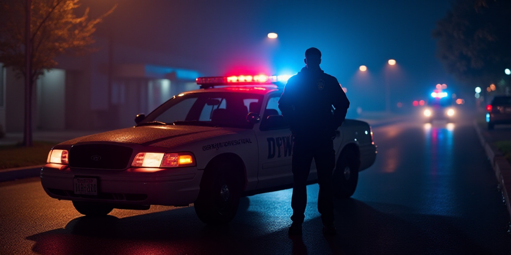 a police officer standing in front of a police car at night time with a police officer standing next