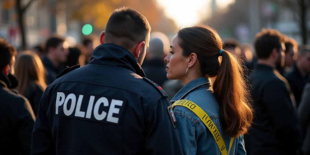 a police officer standing next to a woman in a crowd of people with a police tape on her shoulder, A