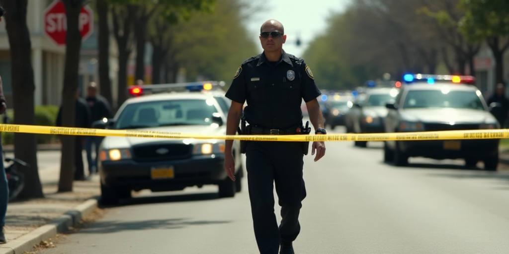 a police officer walking through a street with police tape on it and police cars parked in the backg