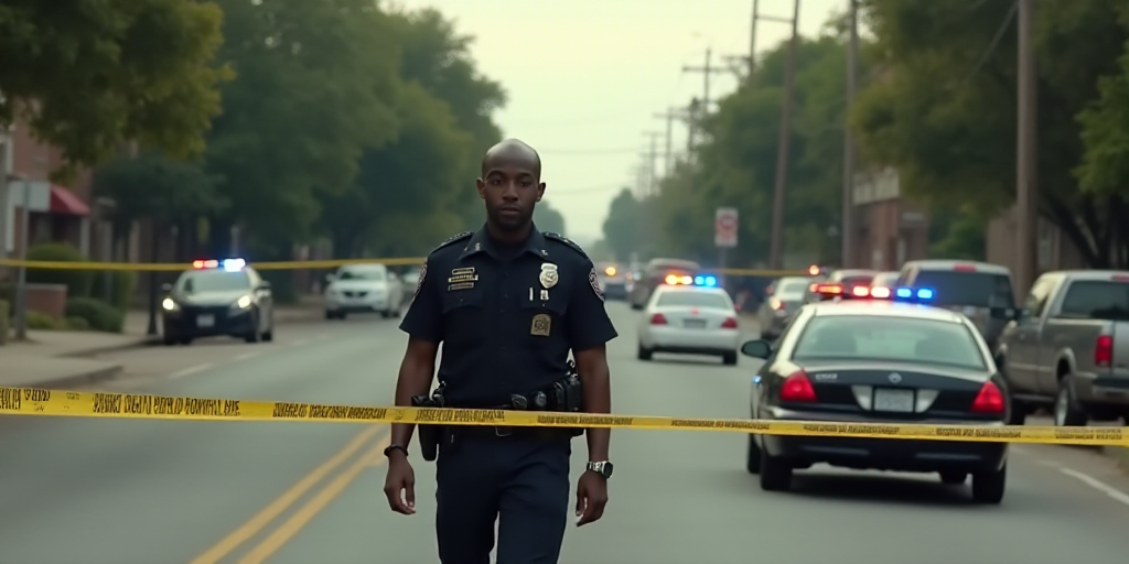 a police officer walking through a street with police tape on it and police cars parked in the backg
