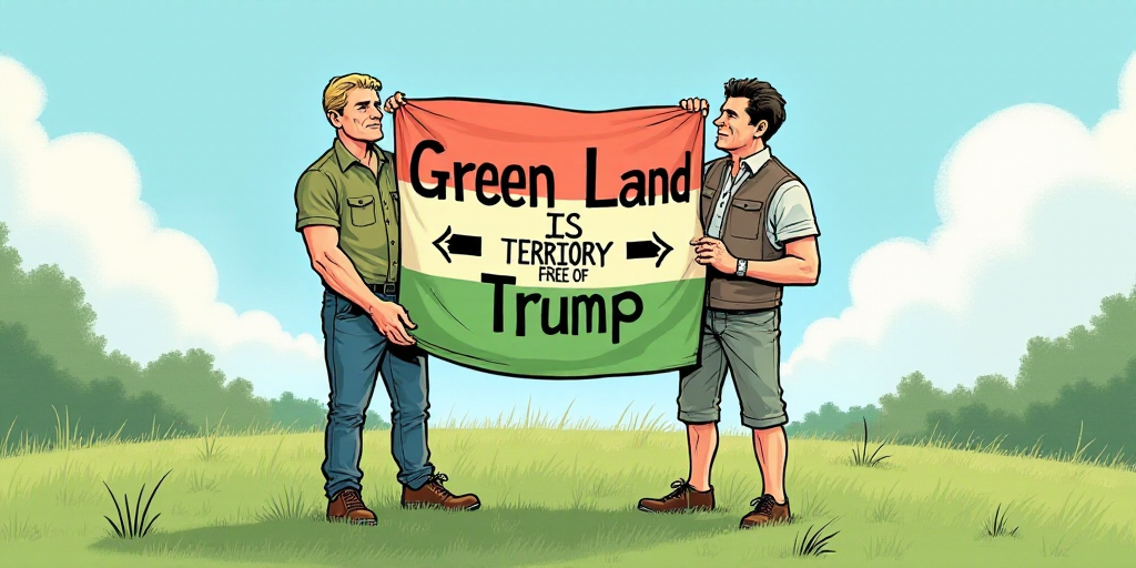 a political cartoon of two men holding a flag and a sign that says green land is territory free of t