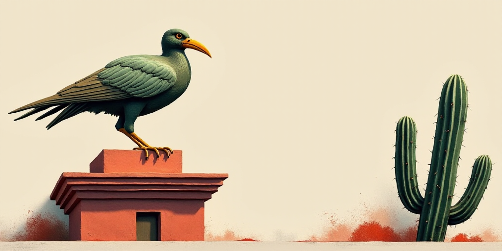 a poster for a trade event with a statue of a bird on top of a building and a cactus, Ceferí Olivé