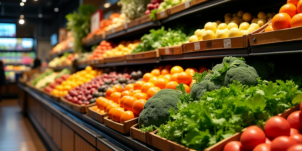 a produce section of a grocery store with a variety of fruits and vegetables on display for sale in