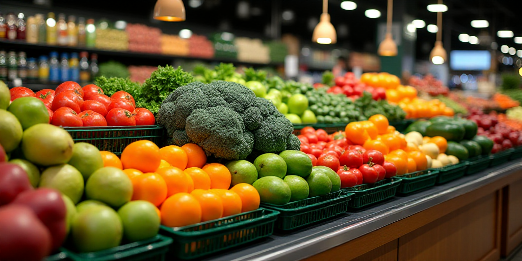 a produce section of a grocery store with a variety of fruits and vegetables on display for sale in