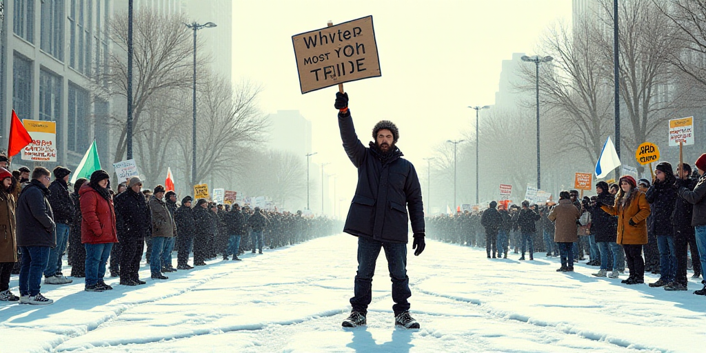 a protester holds a sign and a flag in the air while others stand in the street behind him, Art Spie
