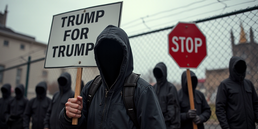 a protester with a hood on holding up signs in front of a fence and a stop sign with a no trump sign