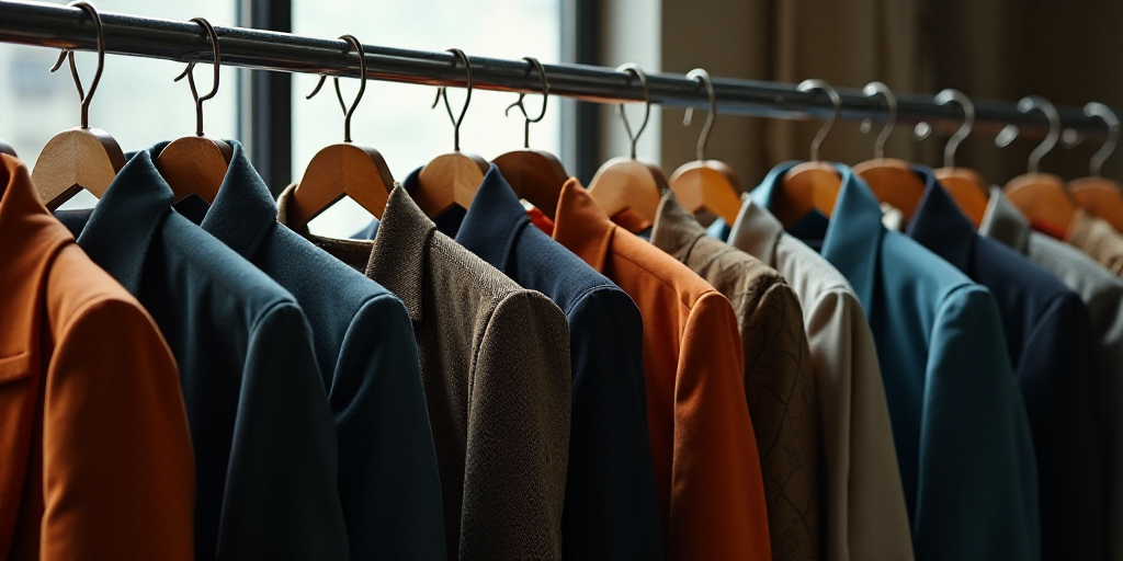 a rack of clothes with clothes hangers on them in a store or storeroom, with a few coats hanging fro