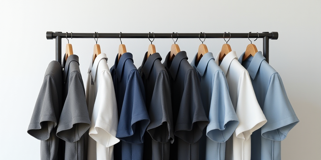 a rack of shirts hanging on a clothes rack with a black hanger and a white wall behind it, Andries S