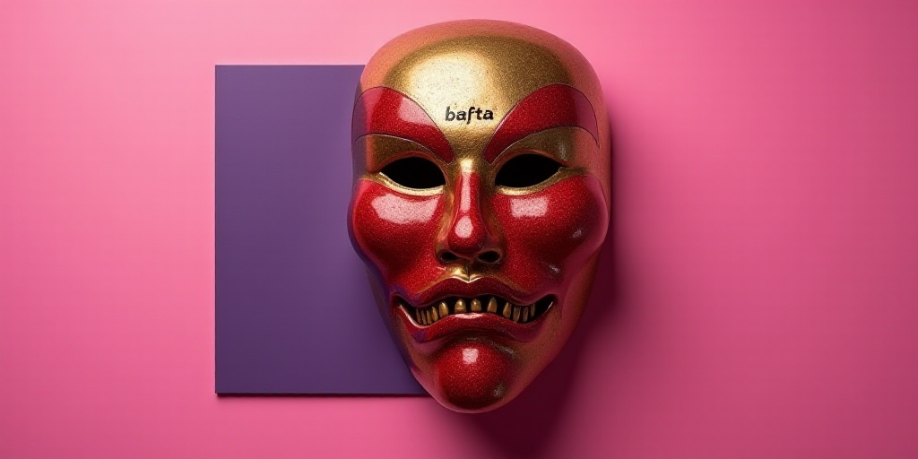 a red and gold mask with the words bafta on it and a pink background with a purple rectangle, Brian