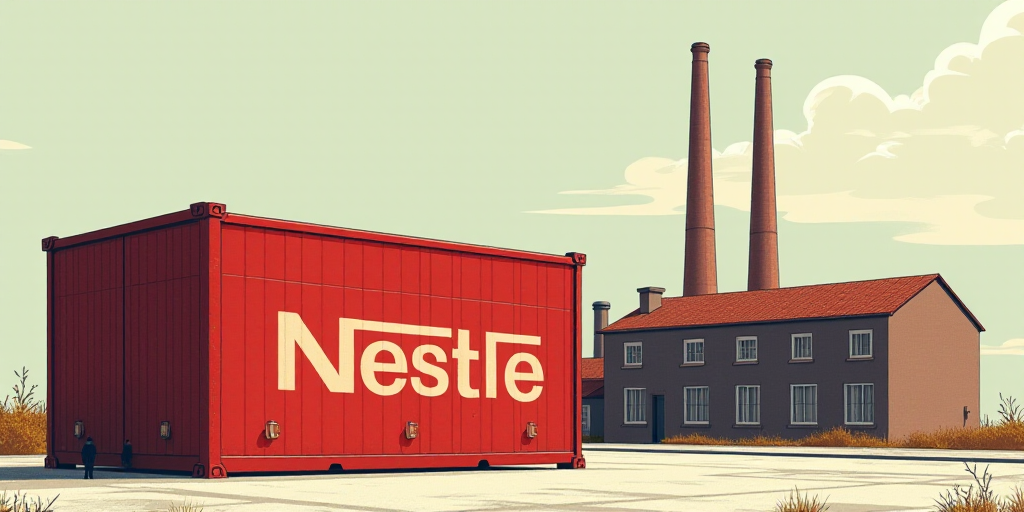 a red nestle box sitting next to a factory building with a chimney and smoke stack in the background