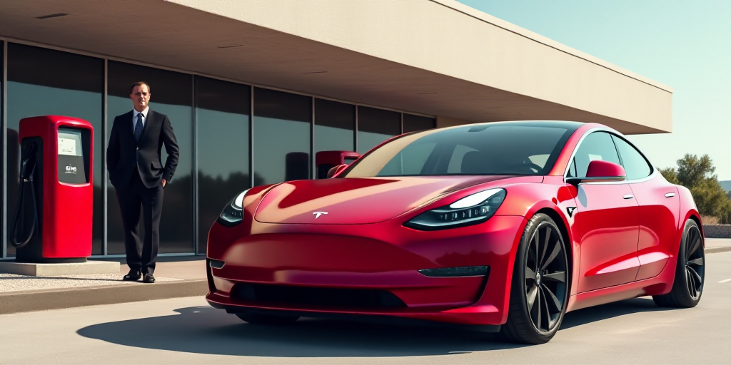 a red tesla car is parked in front of a building with a gas pump in front of it and a man in a suit