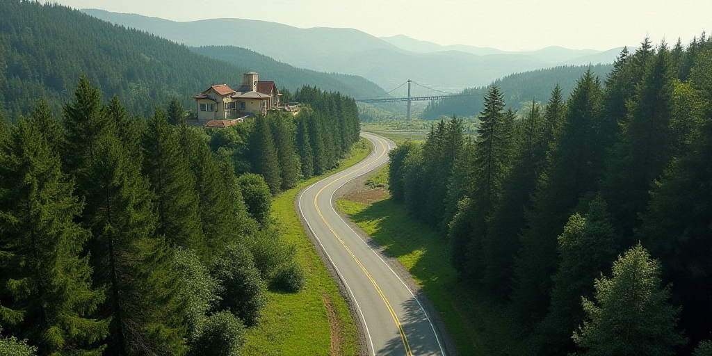 a road in the middle of a forest with a building on top of it and a bridge in the distance, Enguerra