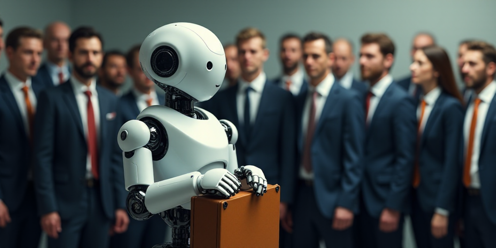 a robot holding a briefcase in front of a group of people in suits and ties, all looking at somethin
